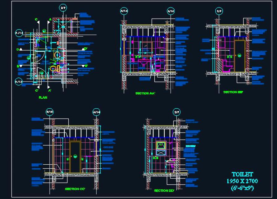 Toilet Design CAD- 6'-6 x 9' Plan with WC, Basin & Shower Area